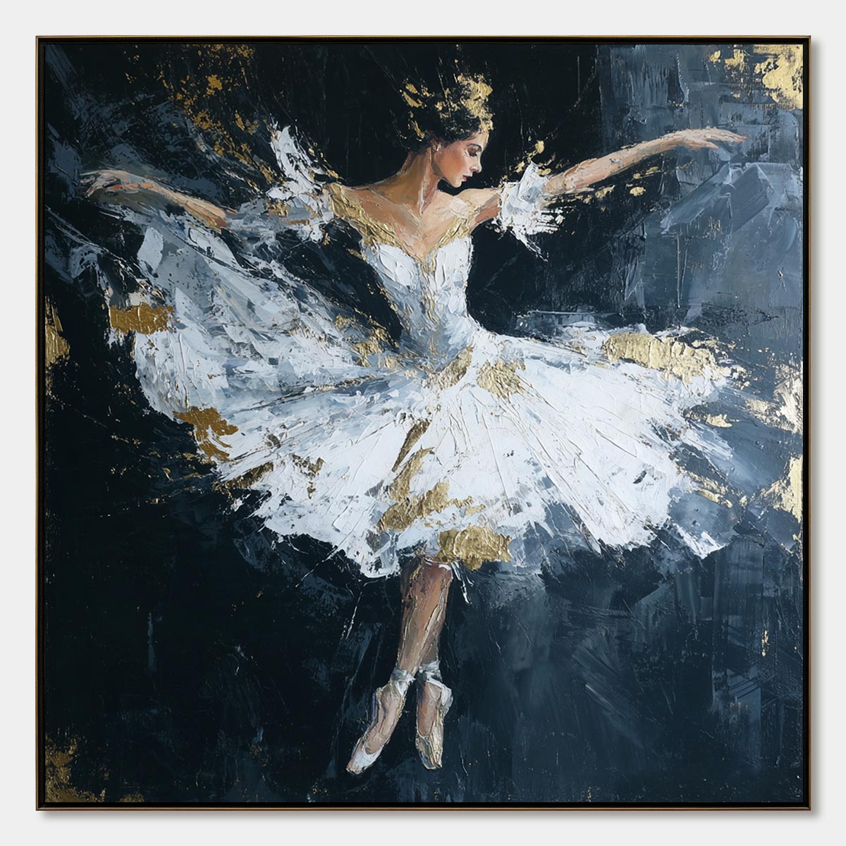 ETHEREAL POISE: Textured Gold Leaf Ballerina Painting