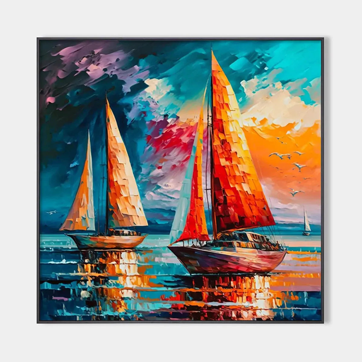 Square Sailboat Painting, Colorful Sunset