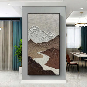 Chen Liu EARTH RIVER painting. Textured mountain river landscape artwork in brown and white tones, modern art.
