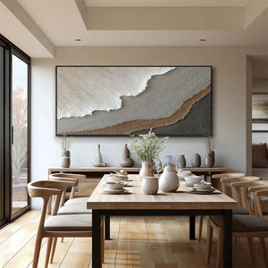 Liam O'Connell Earth Tones abstract landscape painting, neutral palette, displayed above a dining table.