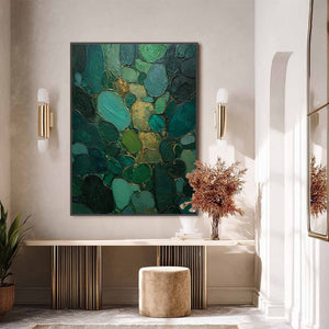 Emerald Riverbed Green Gold Textured Abstract Oil Painting