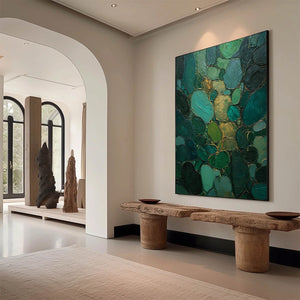 Emerald Riverbed Green Gold Textured Abstract Oil Painting