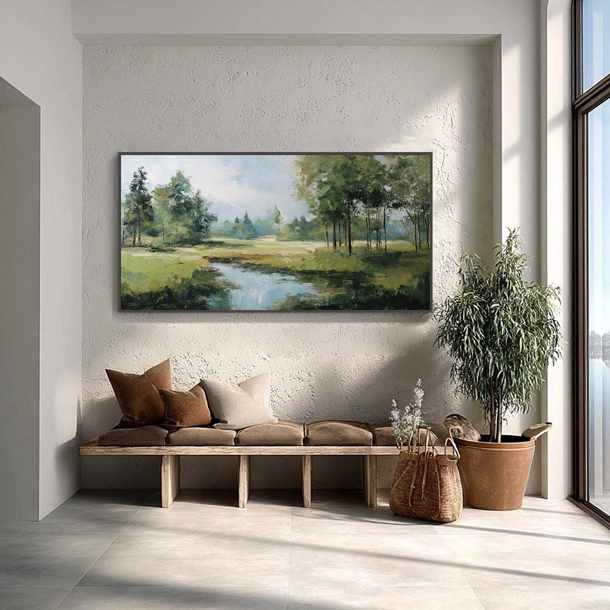 Emerald Sanctuary Green Forest River Landscape Oil Painting