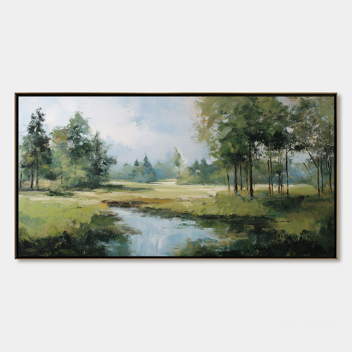Emerald Sanctuary Green Forest River Landscape Oil Painting