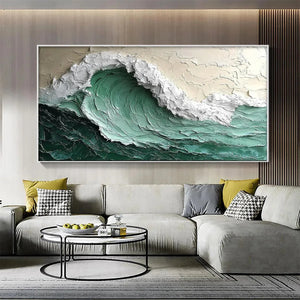 Emerald Crest: Textured Green Wave Impasto Oil Painting on Canvas