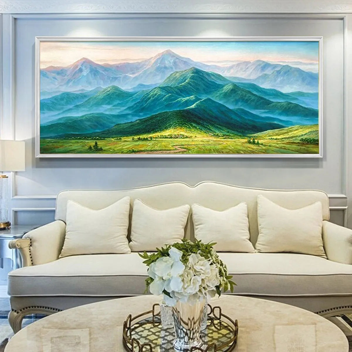 Emerald Valley Vista: Panoramic Mountain Landscape Oil Painting on Canvas