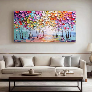 ENCHANTED FOREST painting by Liam O'Connell: colorful, textured impasto leaves, modern living room art.