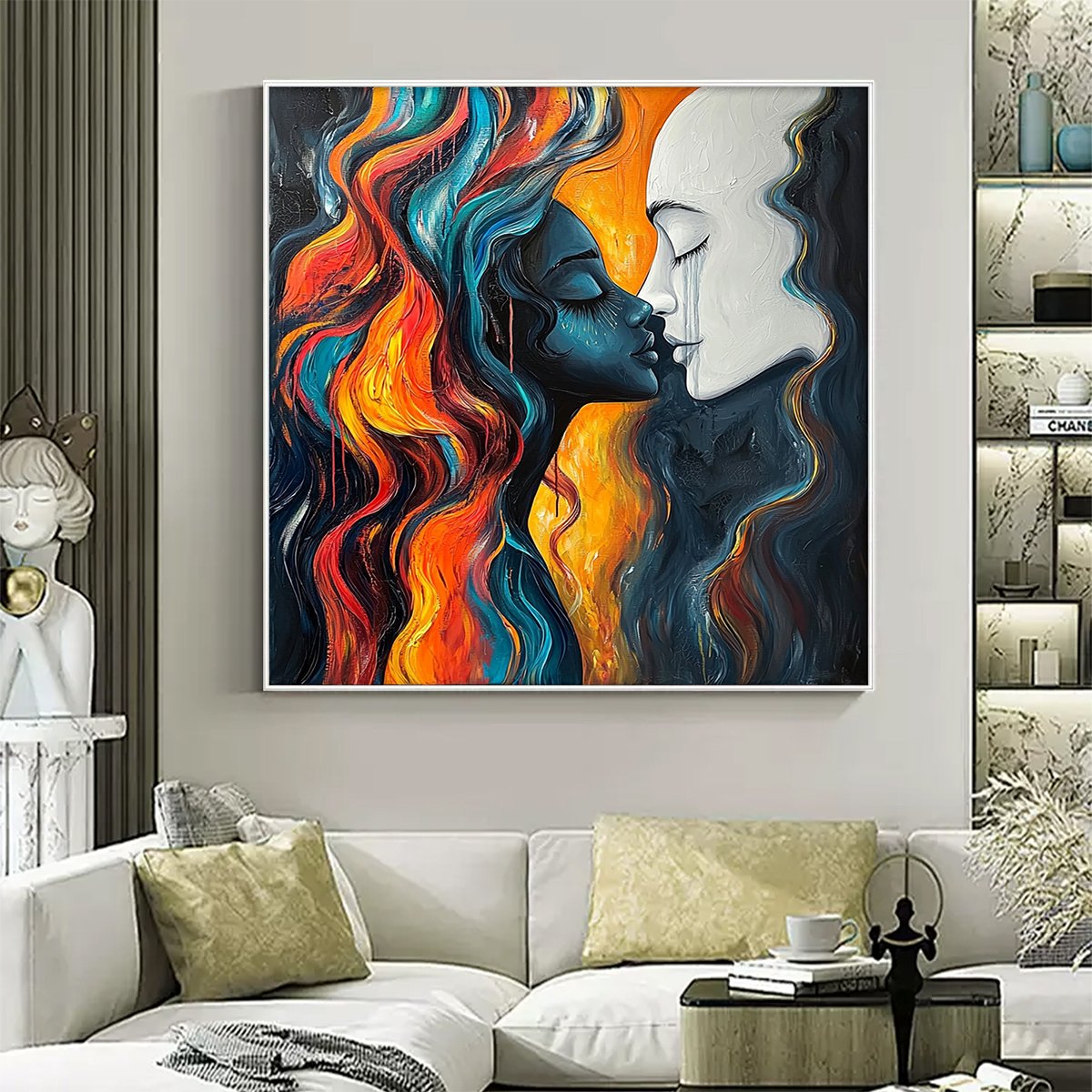 Eternal Embrace: Original Portrait Oil Painting of Two Lovers - Colorful Romantic Wall Art