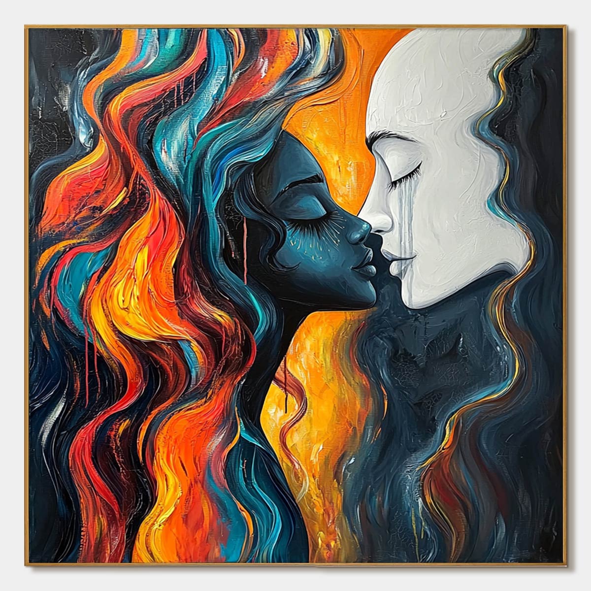 Eternal Embrace: Original Portrait Oil Painting of Two Lovers - Colorful Romantic Wall Art