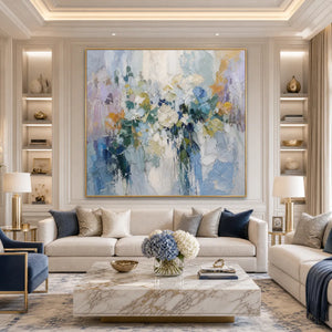 Ethereal Bloom abstract floral textured oil painting in blue, lavender and green tones