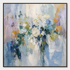 Ethereal Bloom abstract floral textured oil painting in blue, lavender, green, and gold