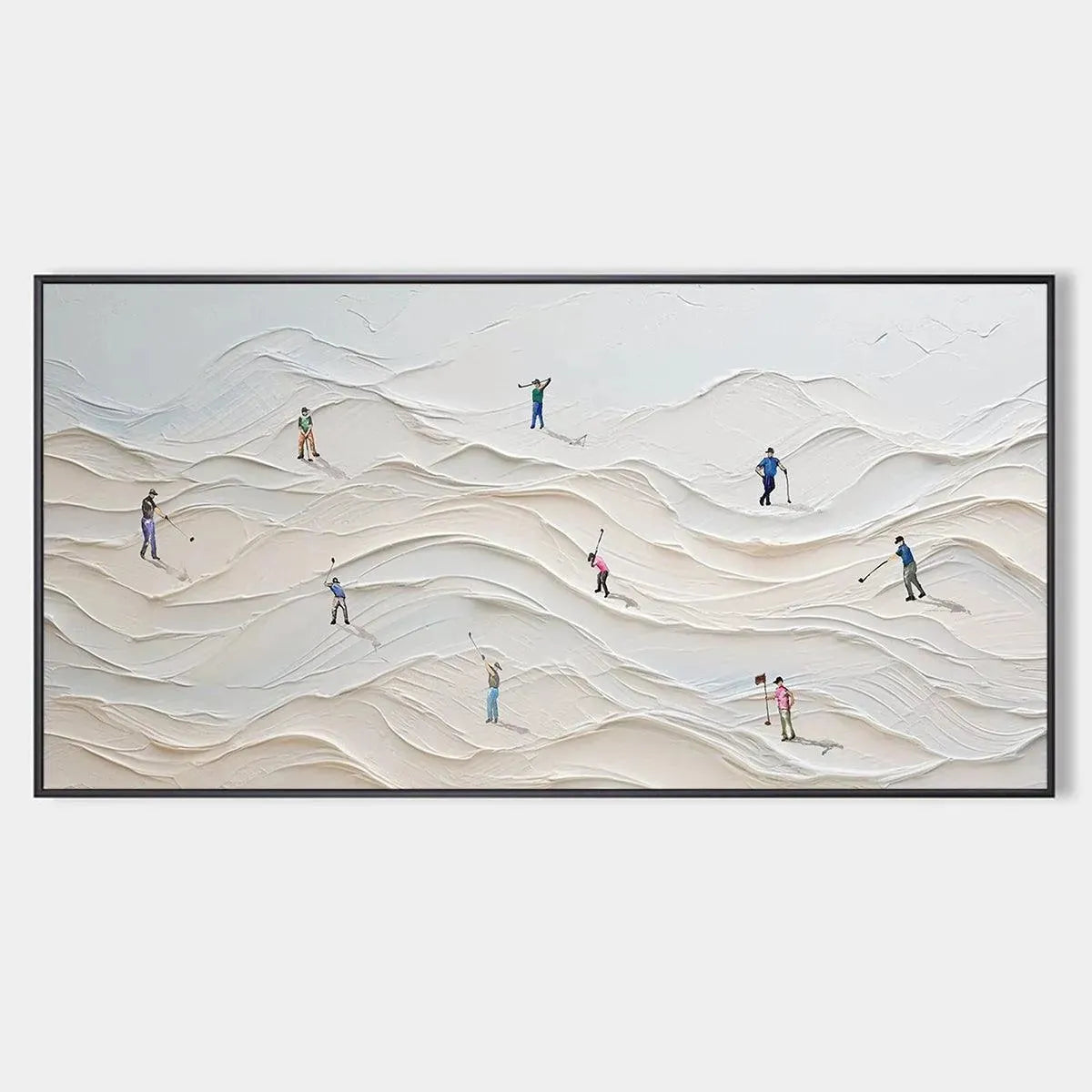Fairway Vista textured impasto painting of golfers on rolling white dunes, Liam O'Connell artwork.