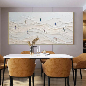 Fairway Vista textured painting of golfers on abstract white dunes, shown in a modern dining room setting.