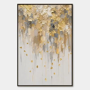 Gold leaf drip abstract painting with textured beige, white, and gray tones