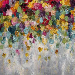 Colorful abstract floral impasto painting with thick palette knife texture