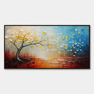 Colorful tree by water abstract wall art with textured yellow leaves and blue-red tones