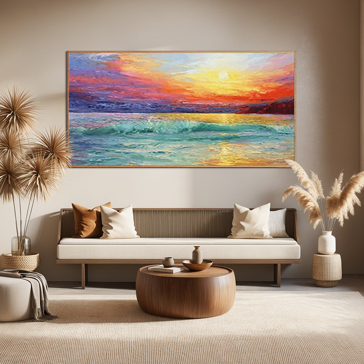 Fiery Kiss: Original Coastal Sunset Oil Painting - Vibrant Ocean Landscape Wall Art