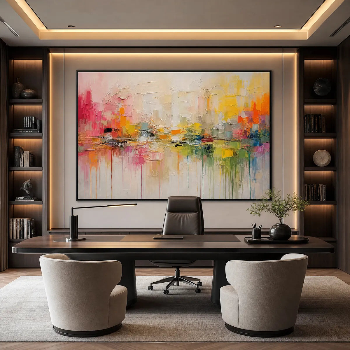 FIRST LIGHT: Colorful Textured Abstract Cityscape Reflection Oil Painting