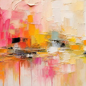 Textured abstract cityscape oil painting in pink, yellow, white, and black impasto