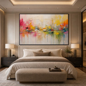 Colorful textured abstract cityscape reflection oil painting above modern bed