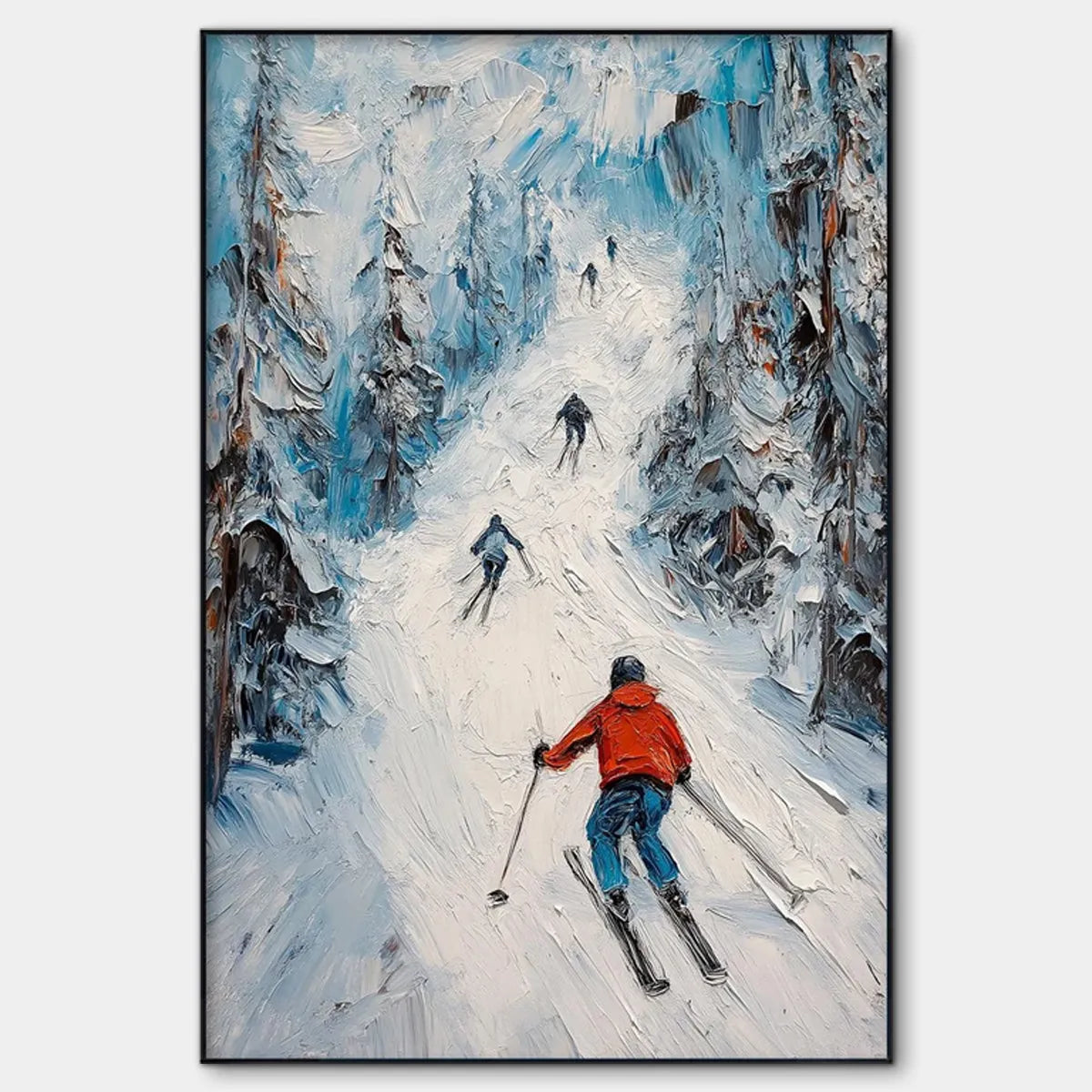 Textured Impasto Skiing Painting on Vertical Canvas