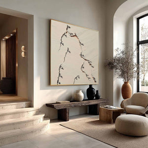 Fissure original oil painting: textured beige abstract art with dark cracks.