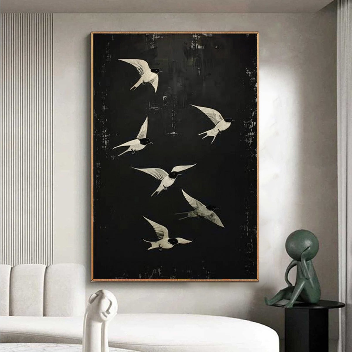Flight: Original Minimalist Birds Oil Painting - Black and White Wall Art Decor