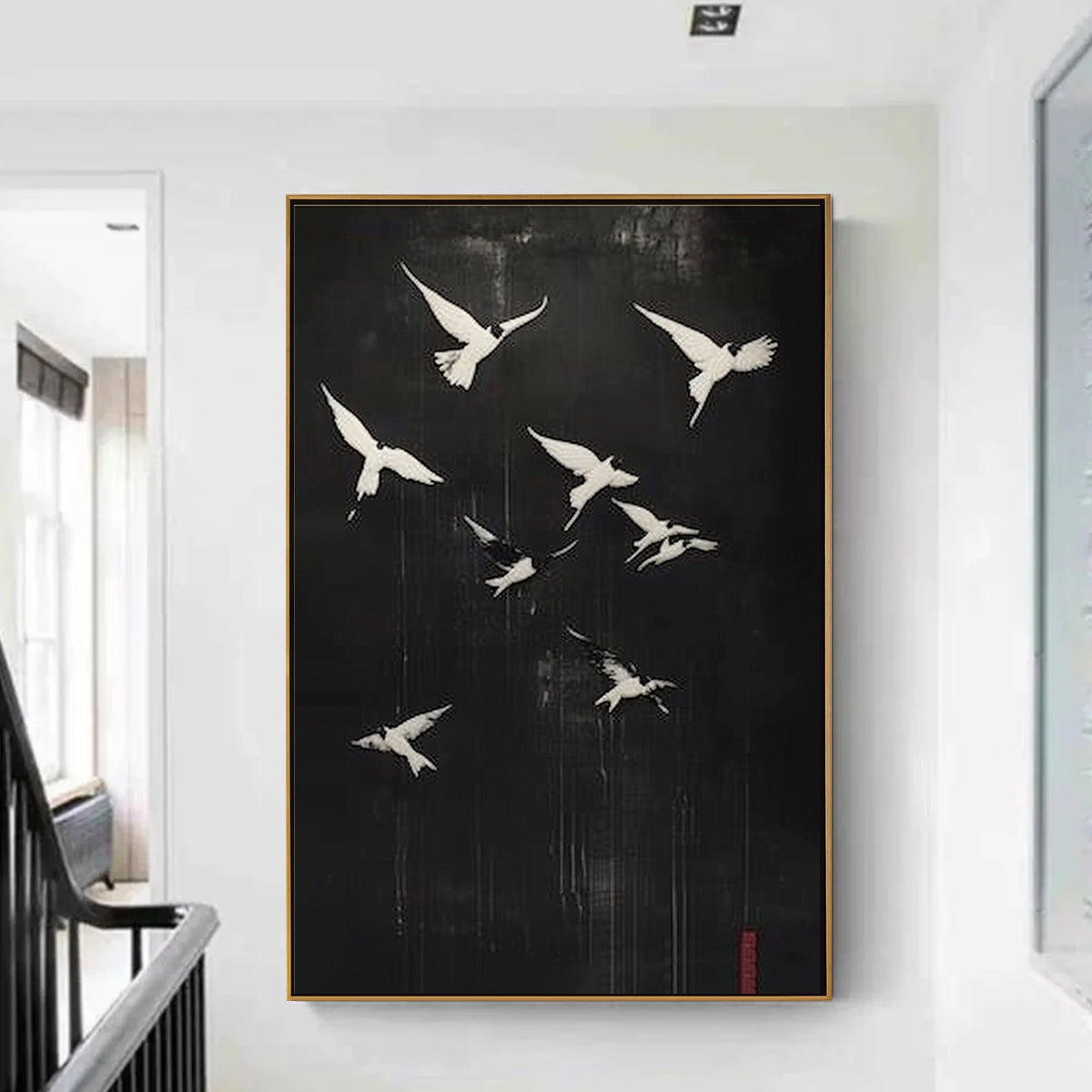 Flight of Dreams: Original Minimalist Birds Oil Painting - Black and White Wall Art