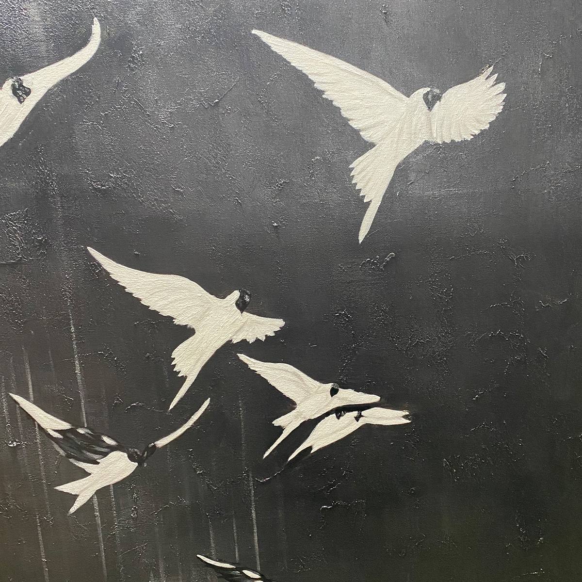 FLIGHT OF DREAMS: Minimalist Birds on Black Oil Painting