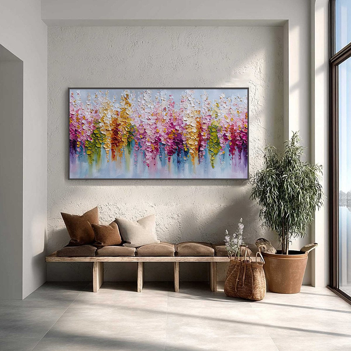 FLORAL CASCADE: Colorful Abstract Floral Impasto Palette Knife Painting