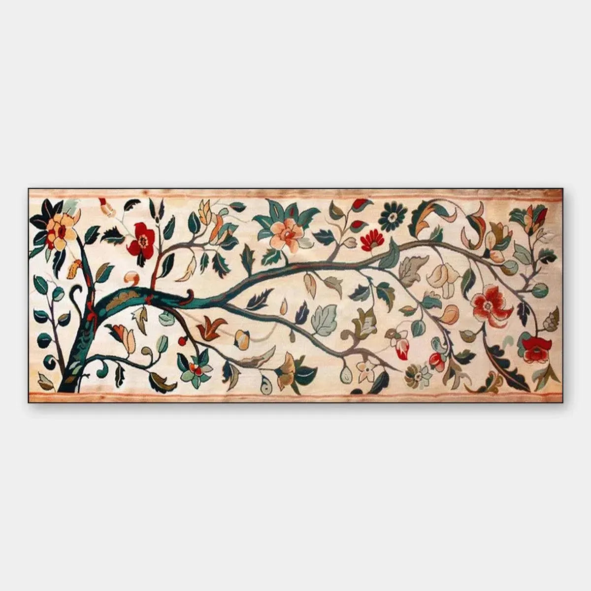 Panoramic tapestry wall art featuring a flowering branch with red, peach, and blue flowers on a cream background.