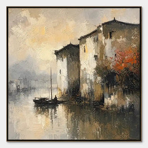 Fogbound Canal abstract oil painting of misty European riverside buildings and boat