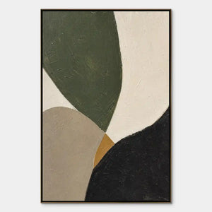 Textured green black organic abstract oil painting on canvas with beige and white forms