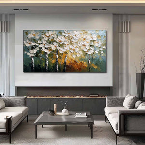 FOREST OF LIGHT: Heavily Textured Palette Knife Birch Tree Forest Painting