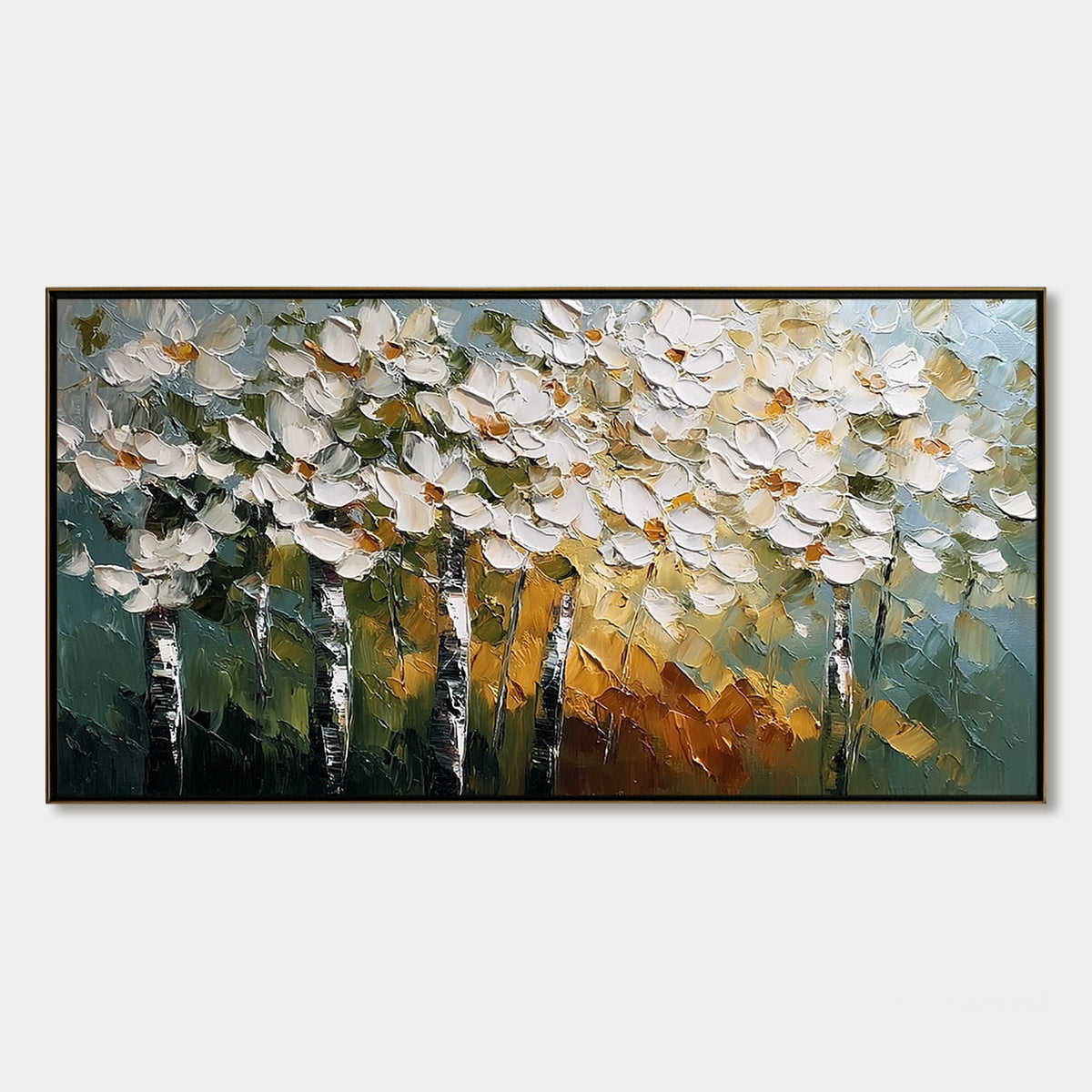 FOREST OF LIGHT: Heavily Textured Palette Knife Birch Tree Forest Painting