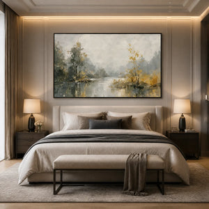 FOREST VEIL: Misty Forest Lake Painting