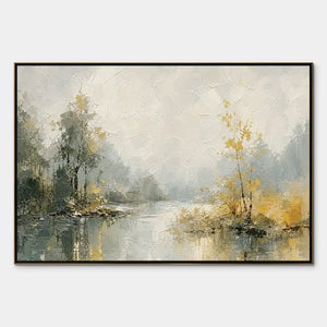 Misty forest lake wall art with textured abstract trees in soft green and pale gold