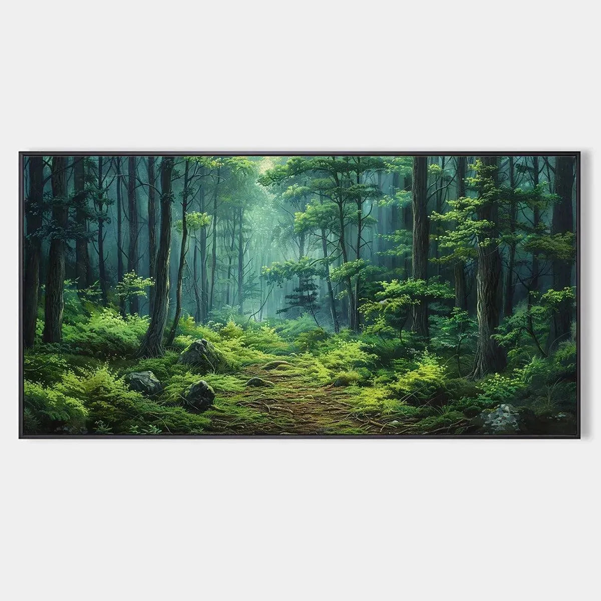 Panoramic "FOREST PATH" painting by Liam O'Connell: green forest path with sunlight filtering through trees.