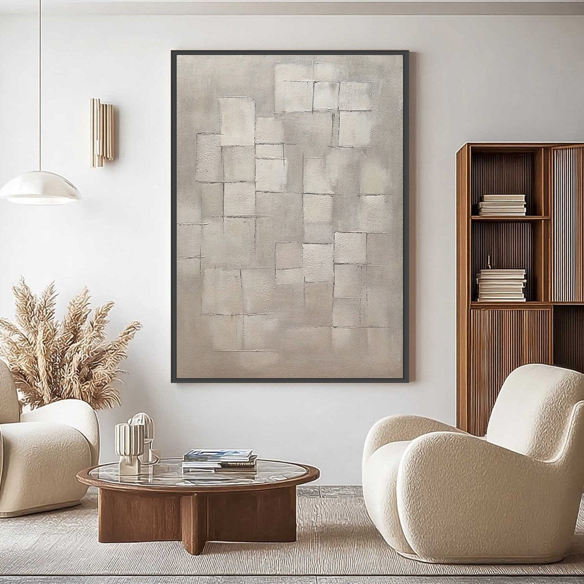 Foundations original textured geometric abstract wall art in beige and grey.