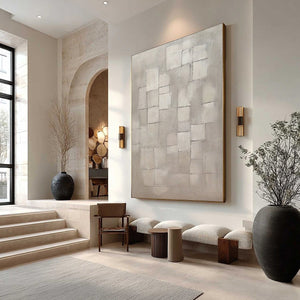 FOUNDATIONS: Textured geometric abstract modern wall art, beige & grey impasto.