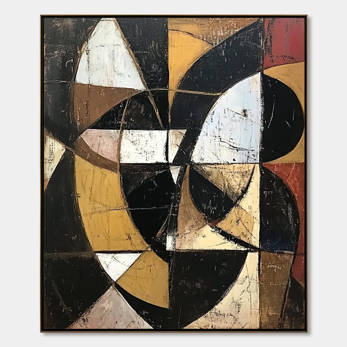 Fractured Rhythm: Original Textured Abstract Oil Painting - Geometric Black Ochre Vertical Wall Art