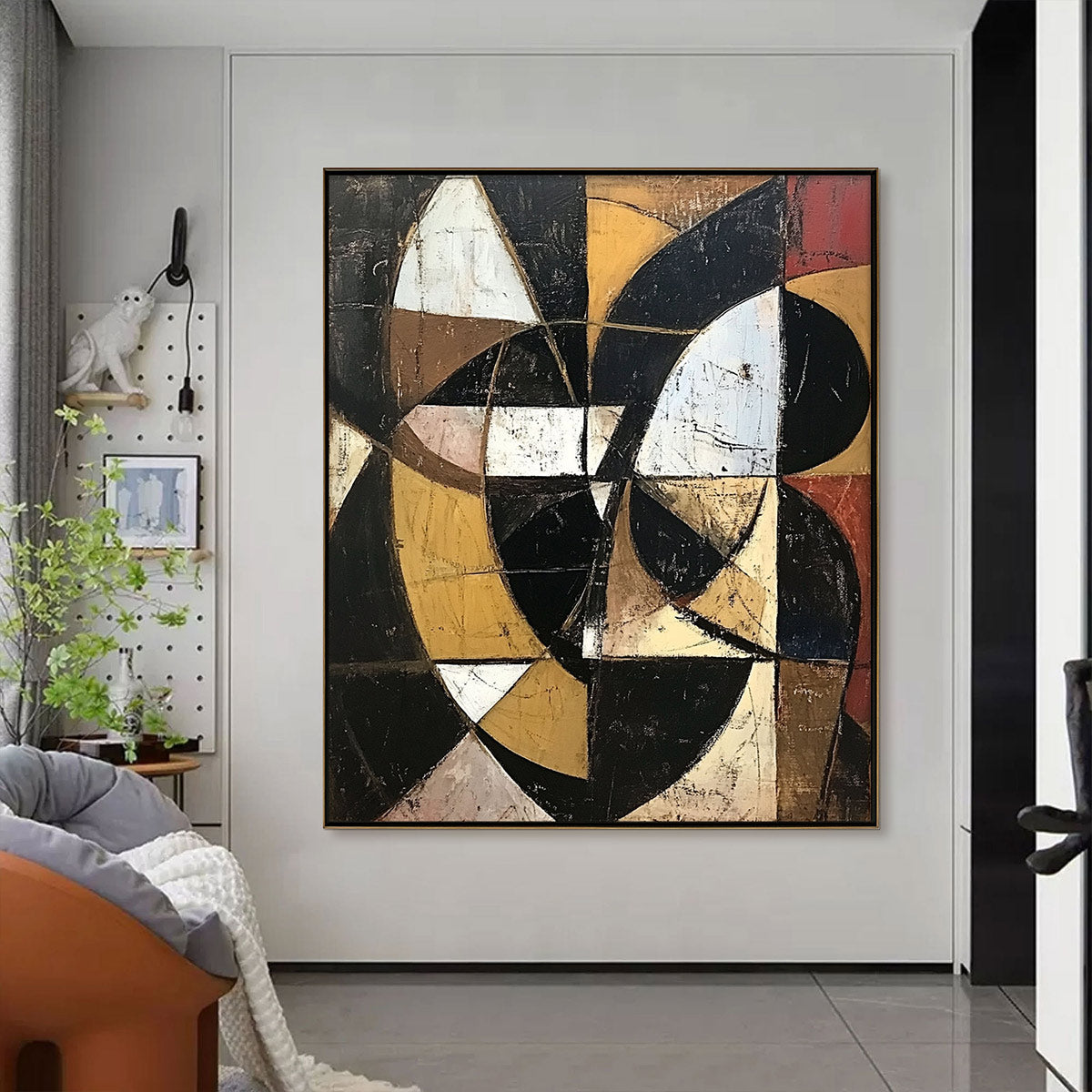 Fractured Rhythm: Original Textured Abstract Oil Painting - Geometric Black Ochre Vertical Wall Art