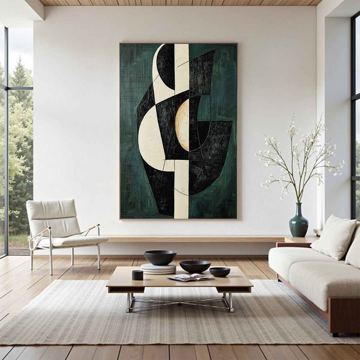 Fragmented Forms: Original Textured Abstract Oil Painting - Green Black White Geometric Vertical Wall Art