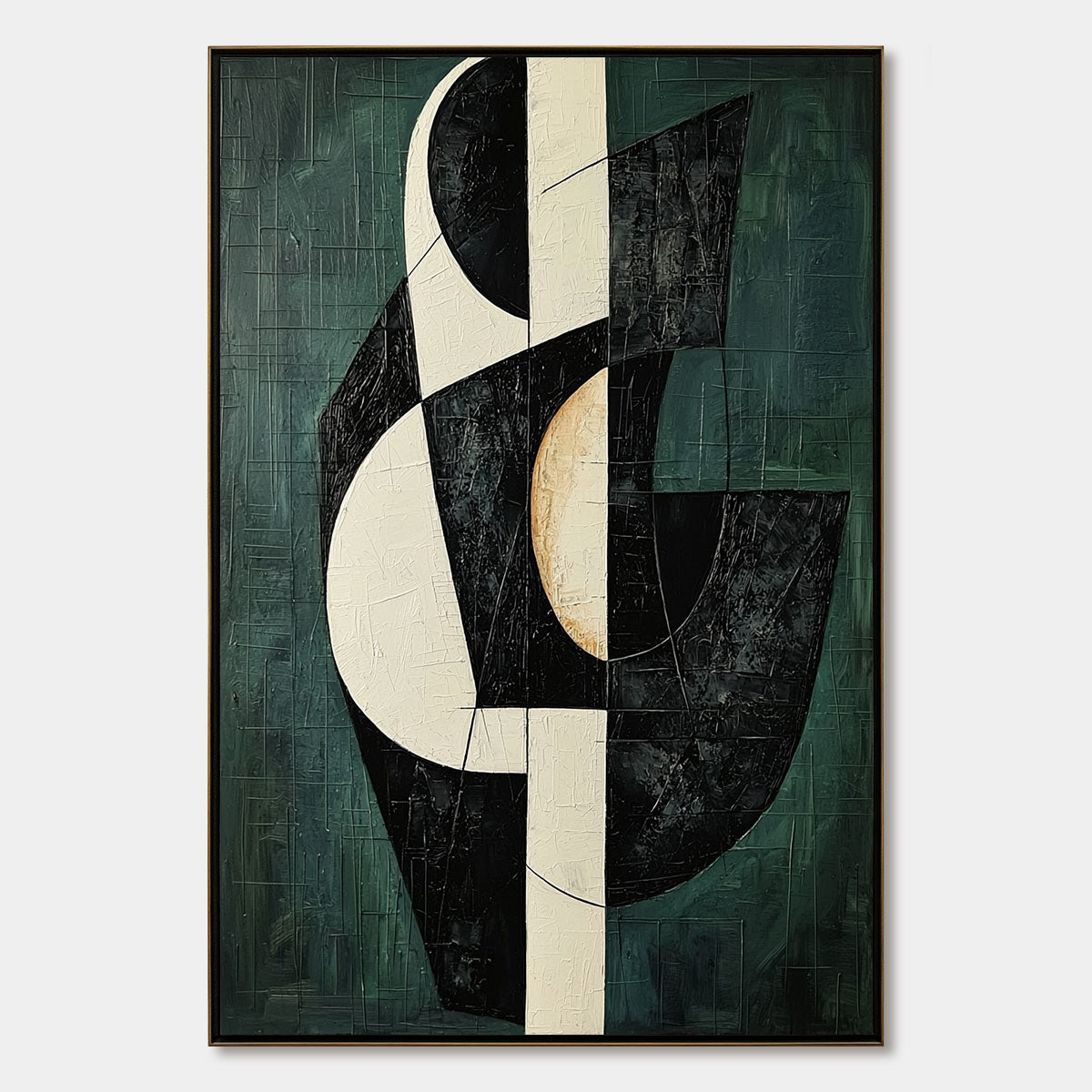 Fragmented Forms: Original Textured Abstract Oil Painting - Green Black White Geometric Vertical Wall Art