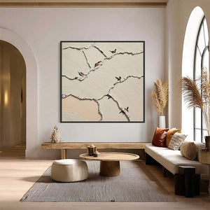 Textured Wabi Sabi impasto wall art with metallic-accented birds.