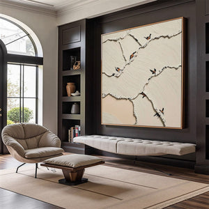 FRAGMENTS OF DAWN: Textured Wabi Sabi painting of perched birds. Original handmade abstract wall art.