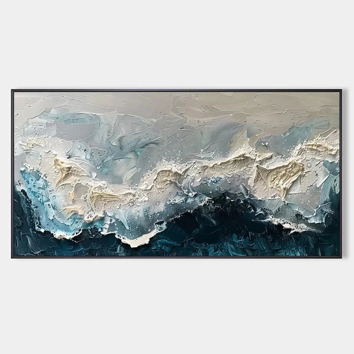 Frozen Motion abstract waterscape painting in teal, white, and blue with textured layers, by Liam O'Connell