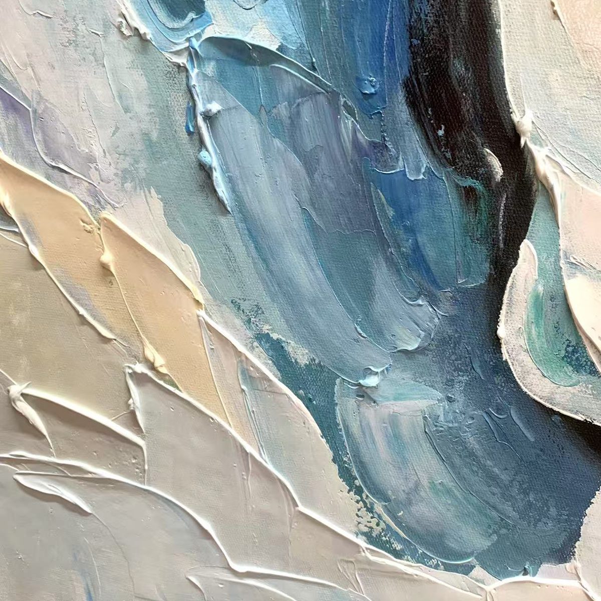 FROZEN TIDE: Textured Abstract Blue and White Oil Painting