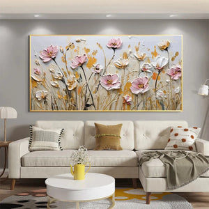 Field of Dreams: Horizontal Floral Painting | Pink & White Flowers | Golden Field | Textured Wall Art