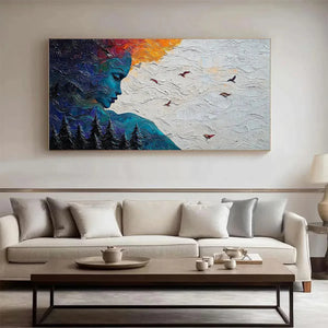 Forest Muse: Textured Impasto Portrait with Nature Elements Oil Painting on Canvas